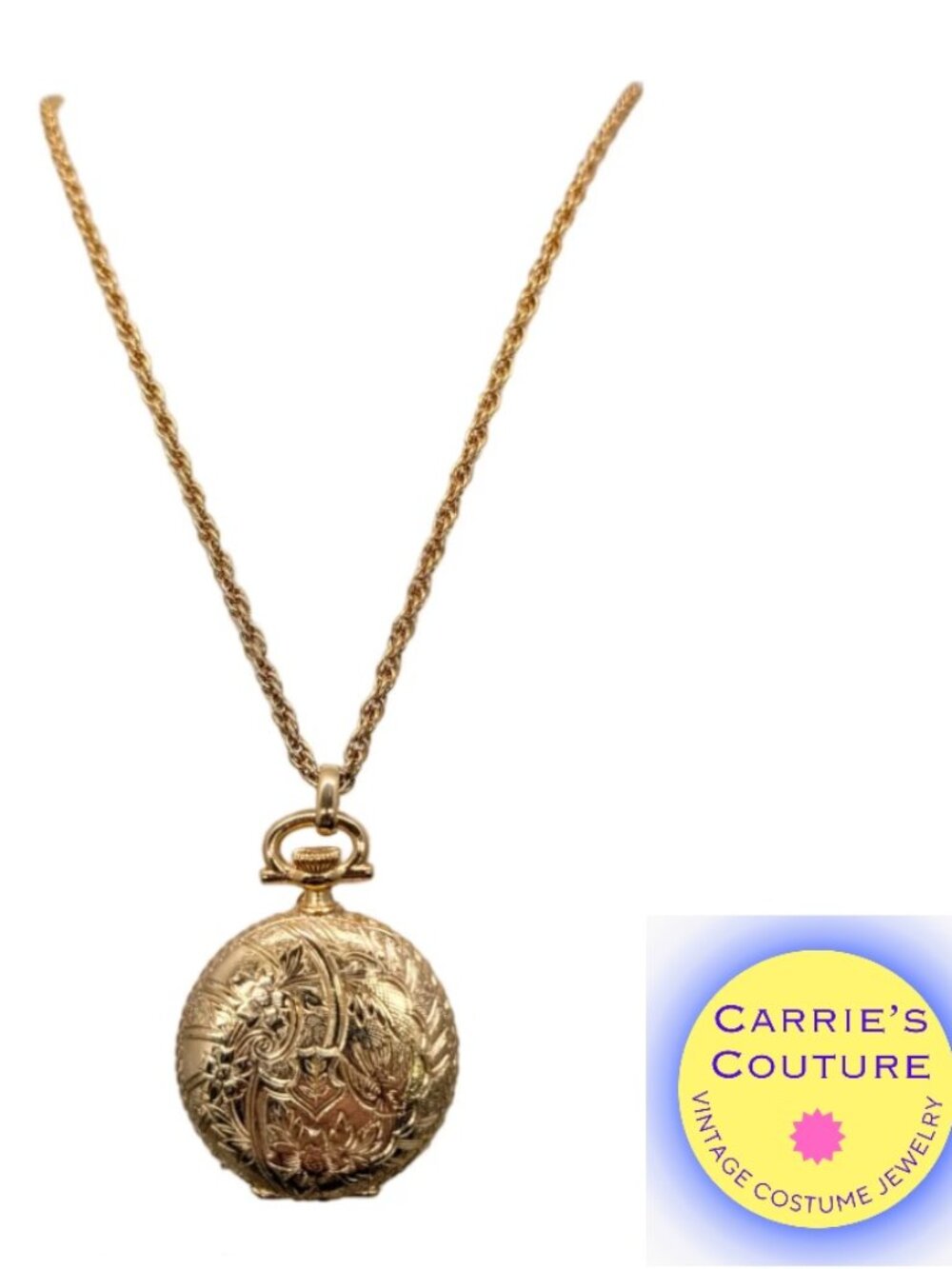 Vintage 1975 Signed Napier Goldtone "Pocket Watch" Locket Pendant Necklace